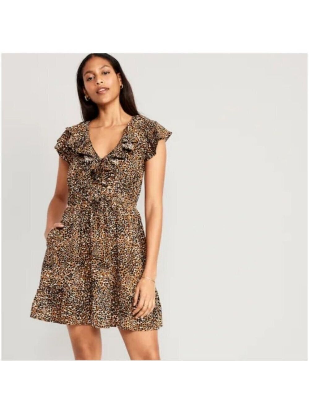OLD NAVY | Waist-Defined Ruffle-Trim Mini Dress leopard Print Sz S